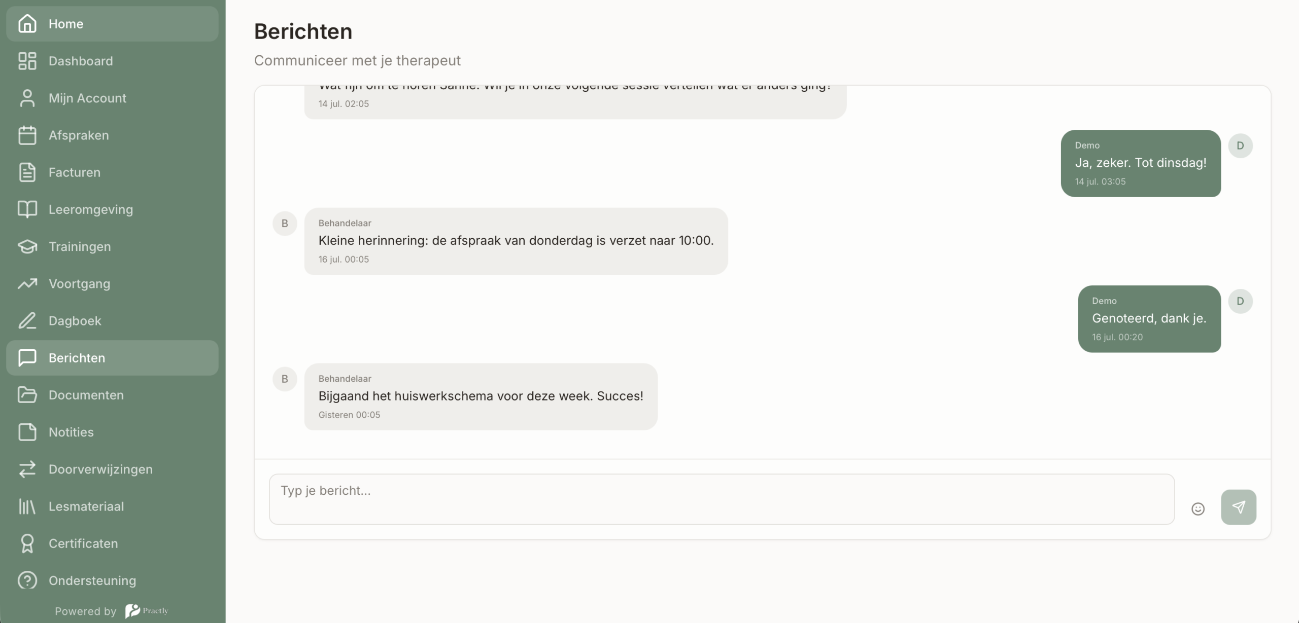 Beveiligd berichtenportaal in Practly met gesprek tussen coach en cliënt