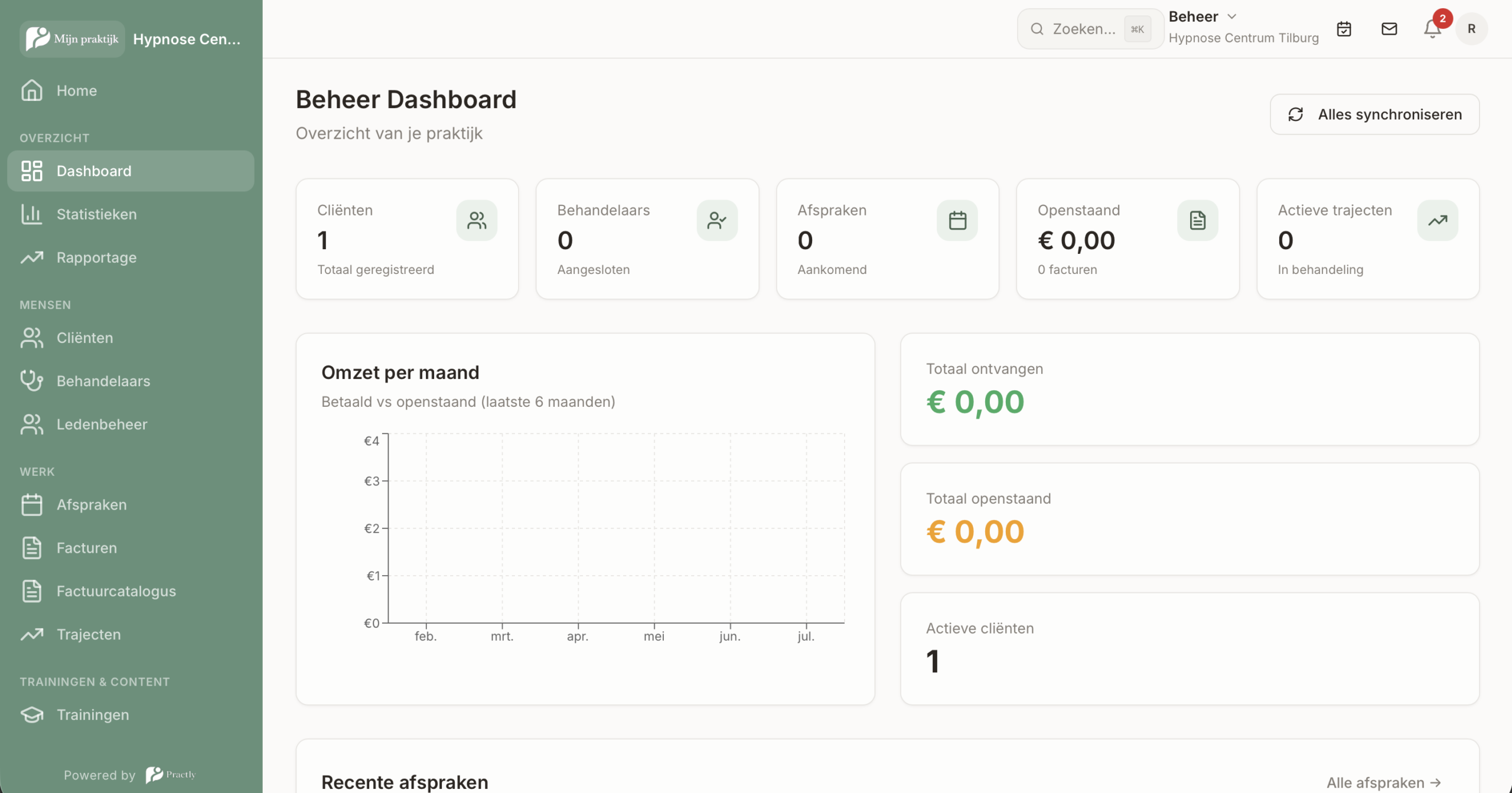 Practly dashboard met overzicht van cliënten, aankomende afspraken en openstaande facturen