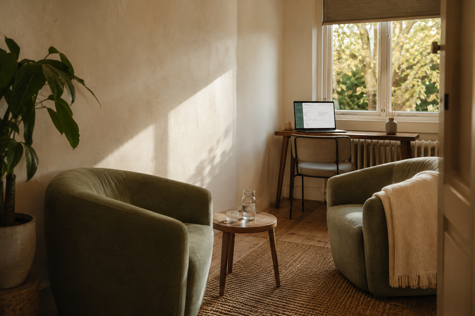 Rustige behandelkamer met twee fauteuils en een bureau met Practly geopend op de laptop
