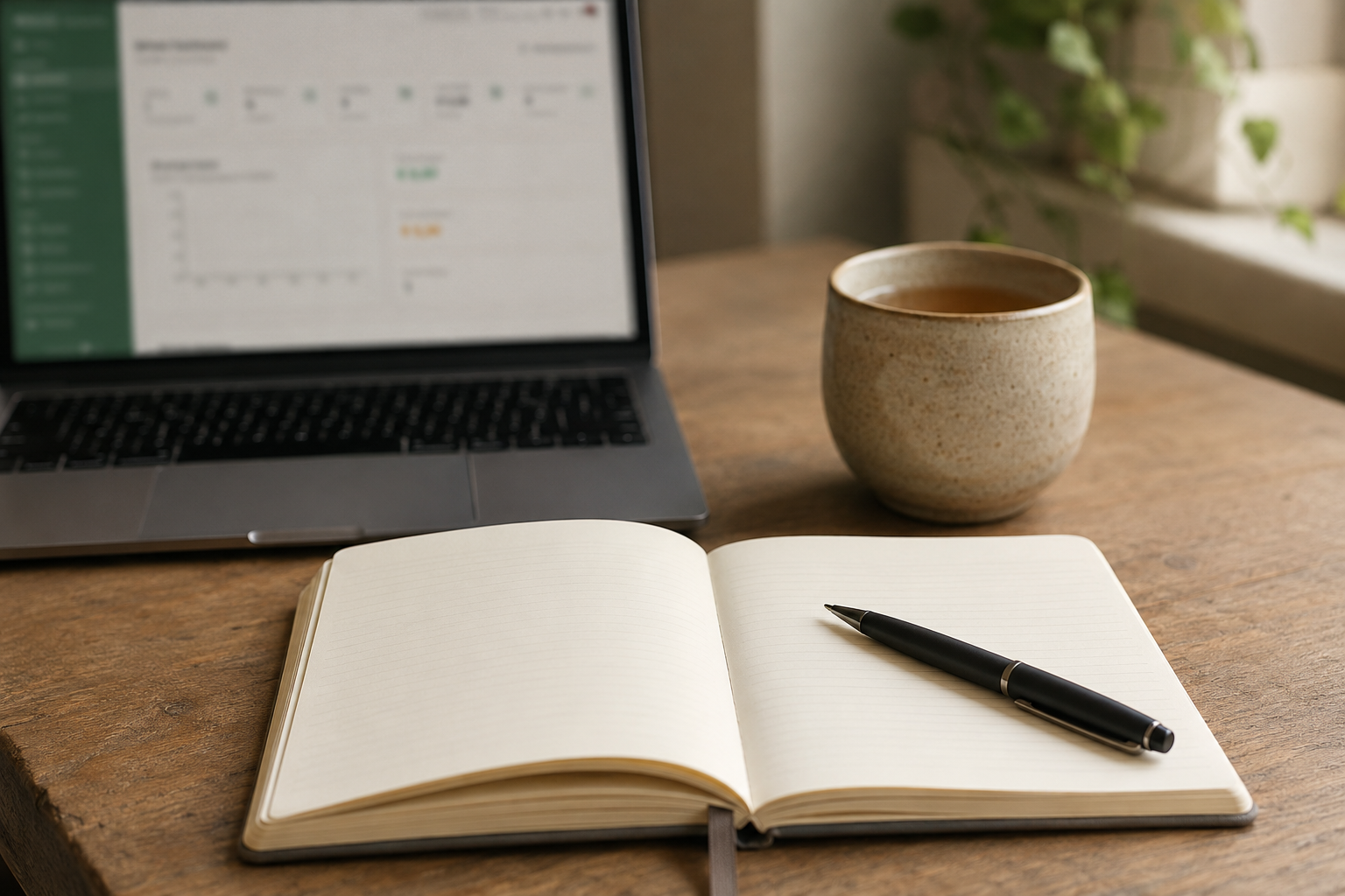 Rustig bureau met notitieboek, thee en Practly geopend op de laptop — overstappen in je eigen tempo