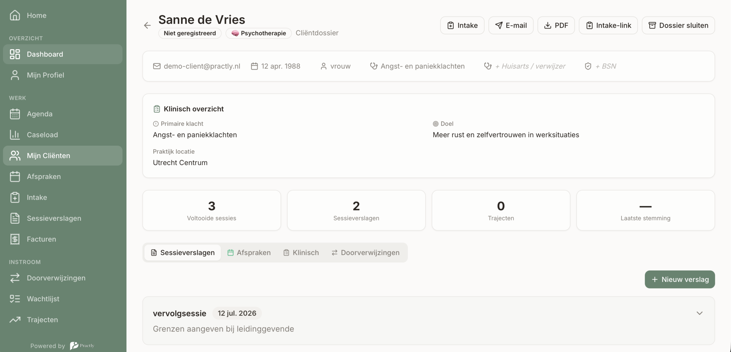 Cliëntdossier in Practly met behandelinformatie, klachtgebieden en voortgang in de behandelaar-omgeving